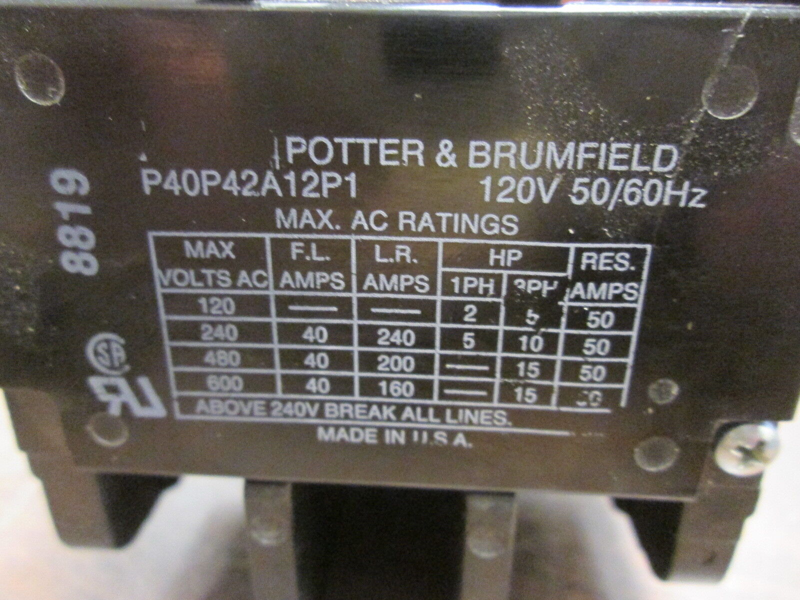 Potter & Brumfield Contactor P40P42A12P1 40A 120V Coil 600V Used