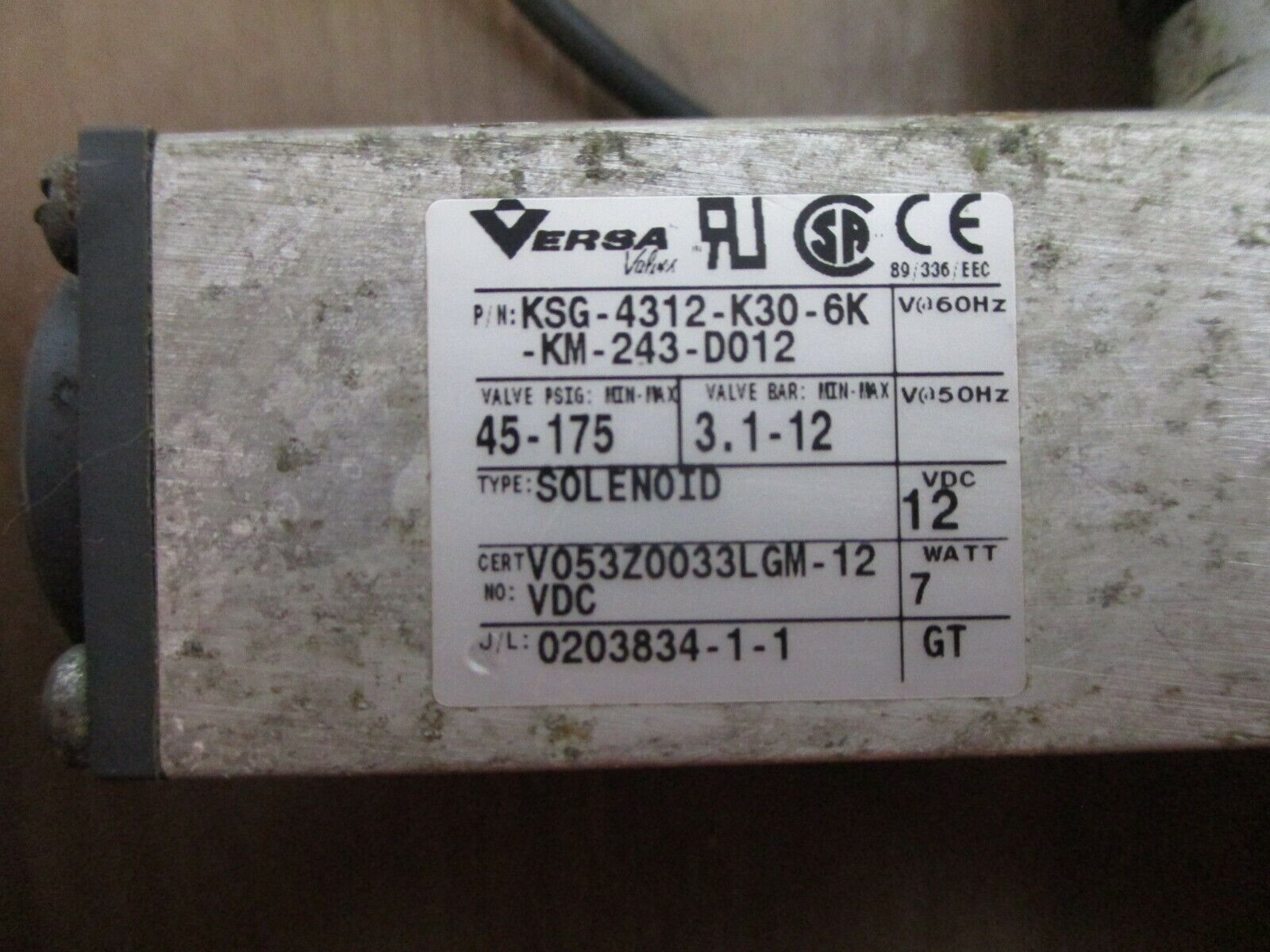 Versa Solenoid Valve KSG-4312-K30-6K-KM-243-D012 45-175PSIG 12VDC 7W Used