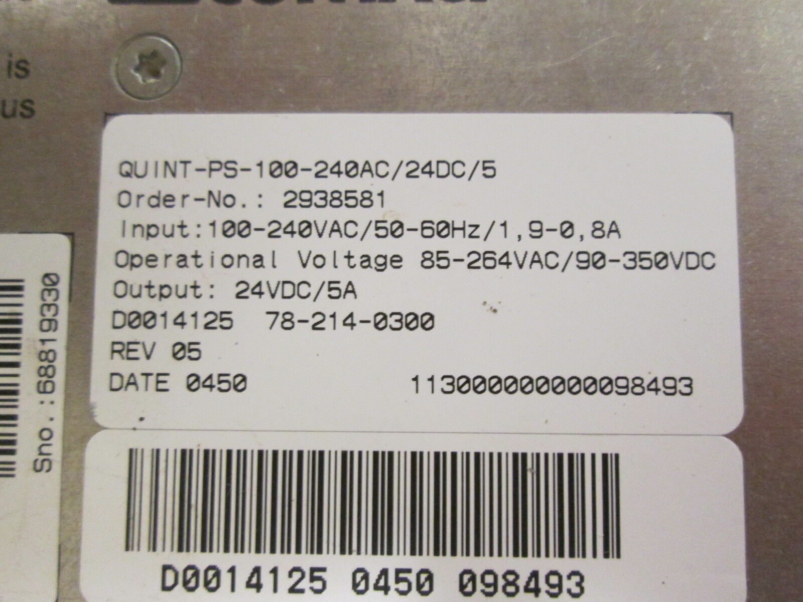 Phoenix Contact Power Supply QUINT-PS-100-240AC/24DC/5 Rev. 05 Used