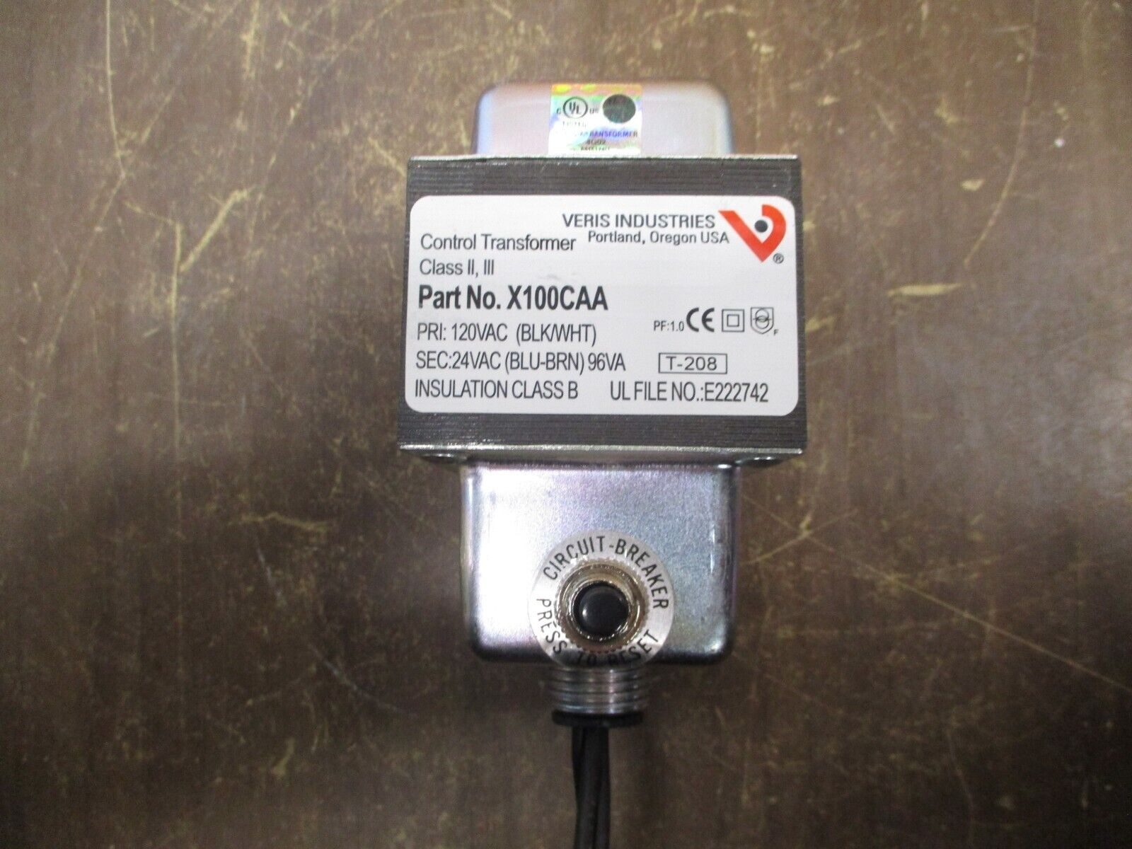 Veris Control Transformer X100CAA Pri: 120VAC Sec: 24VAC 96VA Used