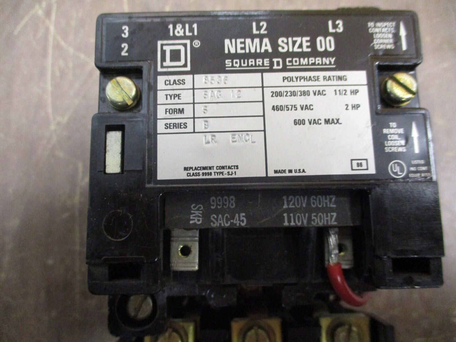 Square D Starter 8536SAG12 Size 00 120V Coil Thermal Overload Used