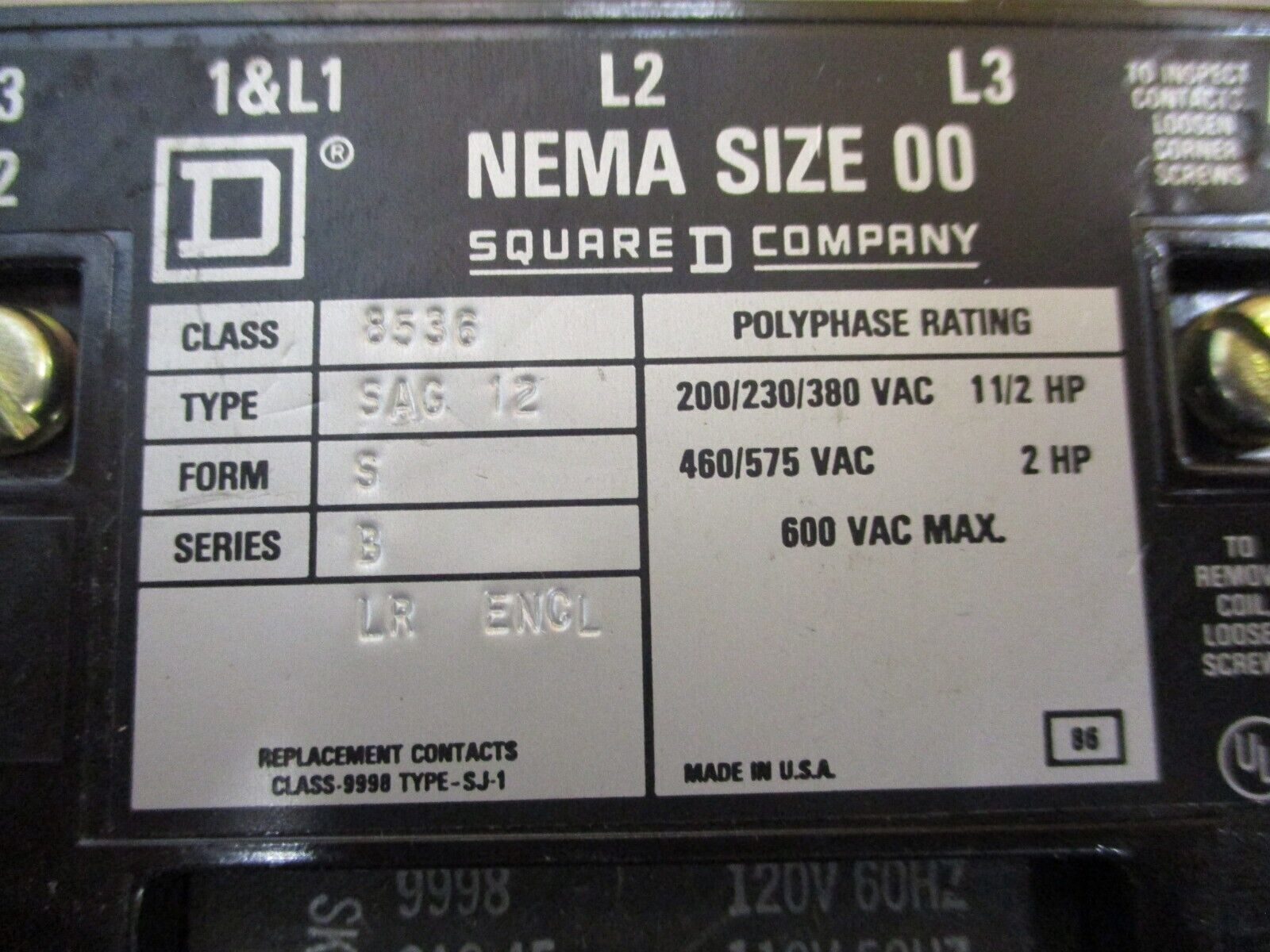 Square D Starter 8536SAG12 Size 00 120V Coil Thermal Overload Used
