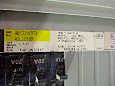 GE Main Lug Breaker Panel AEF3301MTX 125A Max 480/277V 3Ph 4W 30-Slot Used