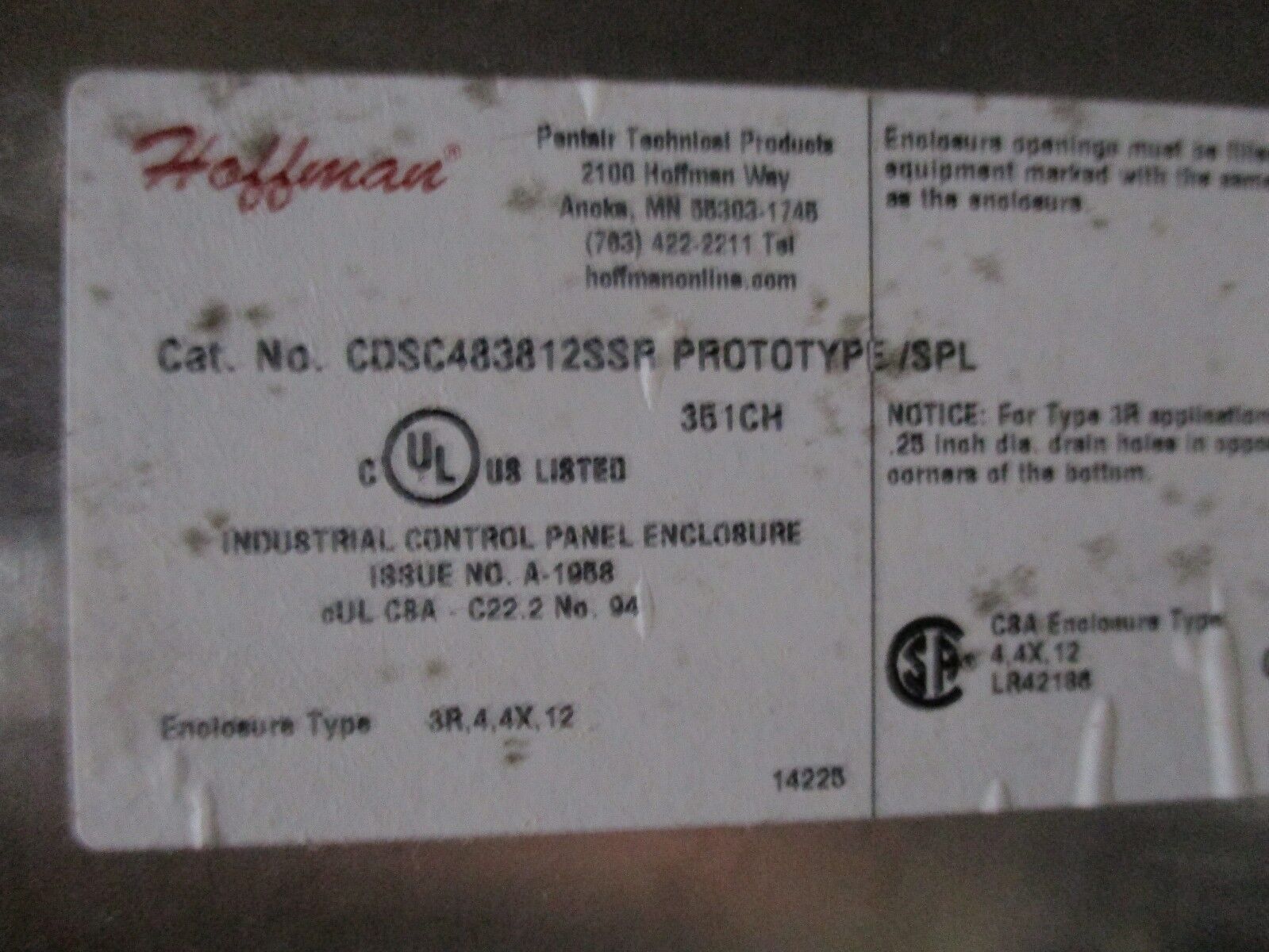 Hoffman Concept Prototype Stainless Steel Enclosure CDSC483812SSR New Surplus