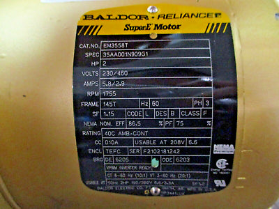 Baldor Motor EM3558T 2HP 1800RPM 230/460V 5.8/2.9A 3Ph 60Hz *No Box* New Surplus