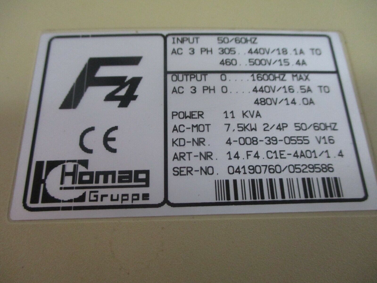 Homag KEB Combivert F4 AC Drive 14.F4.C1E-4A01/1.4 7.5kW/10HP 3Ph Used