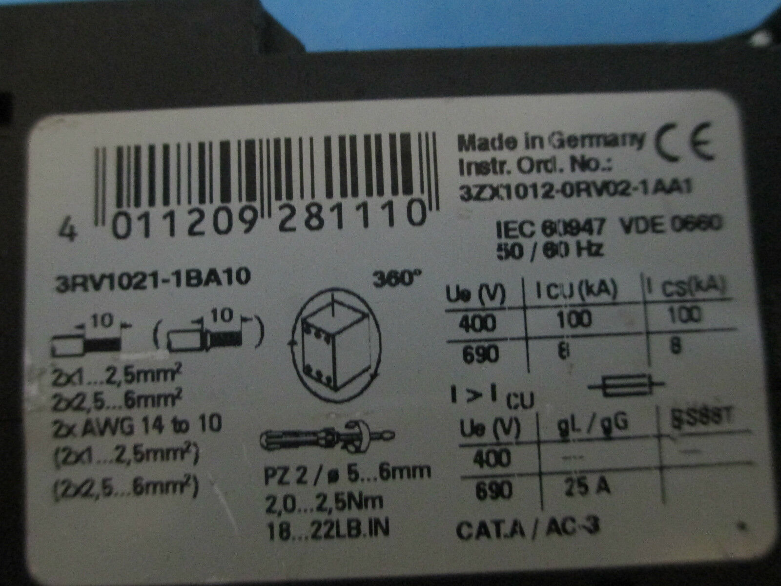 Siemens Sirius 3R Overlod 3RV1021-1BA10, 1.4-2A .5HP With 3RV1901-1D