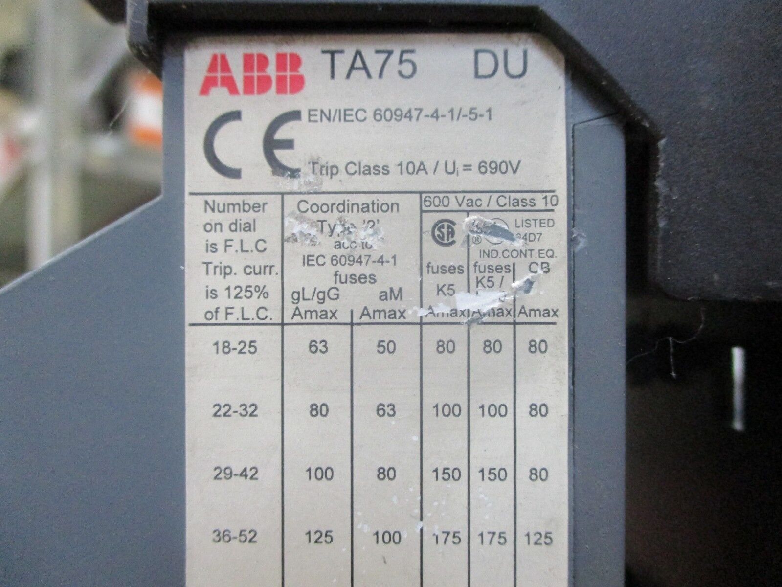 ABB Solid State Overload TA75 DU Trip: 30-60A w/ DIN Rail Adapter Used