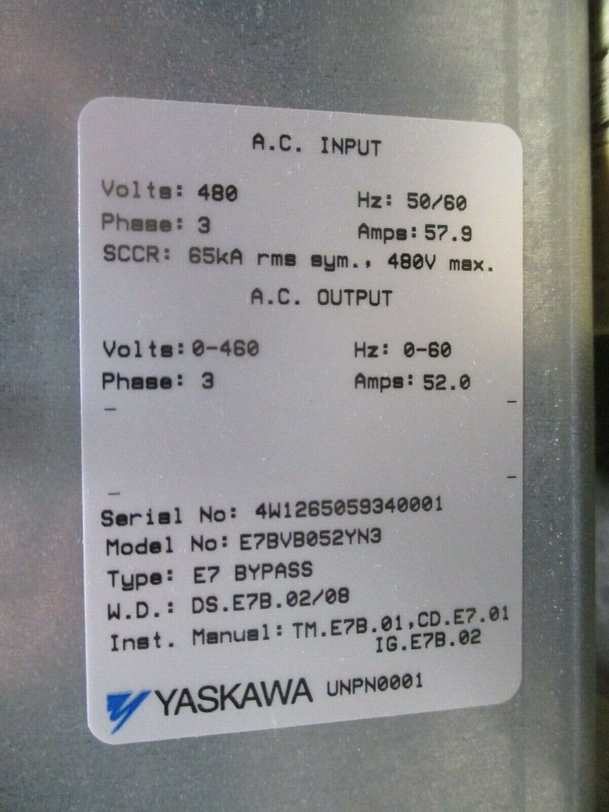Yaskawa E7 AC Drive w/ Bypass E7BVB052YN3 50HP 3Ph Used