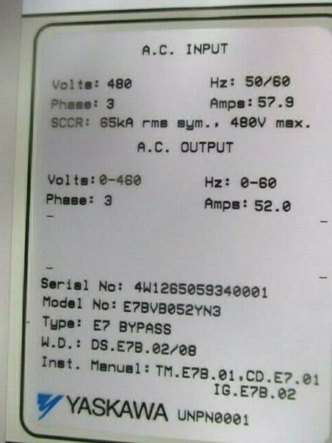 Yaskawa E7 AC Drive w/ Bypass E7BVB052YN3 50HP 3Ph Used