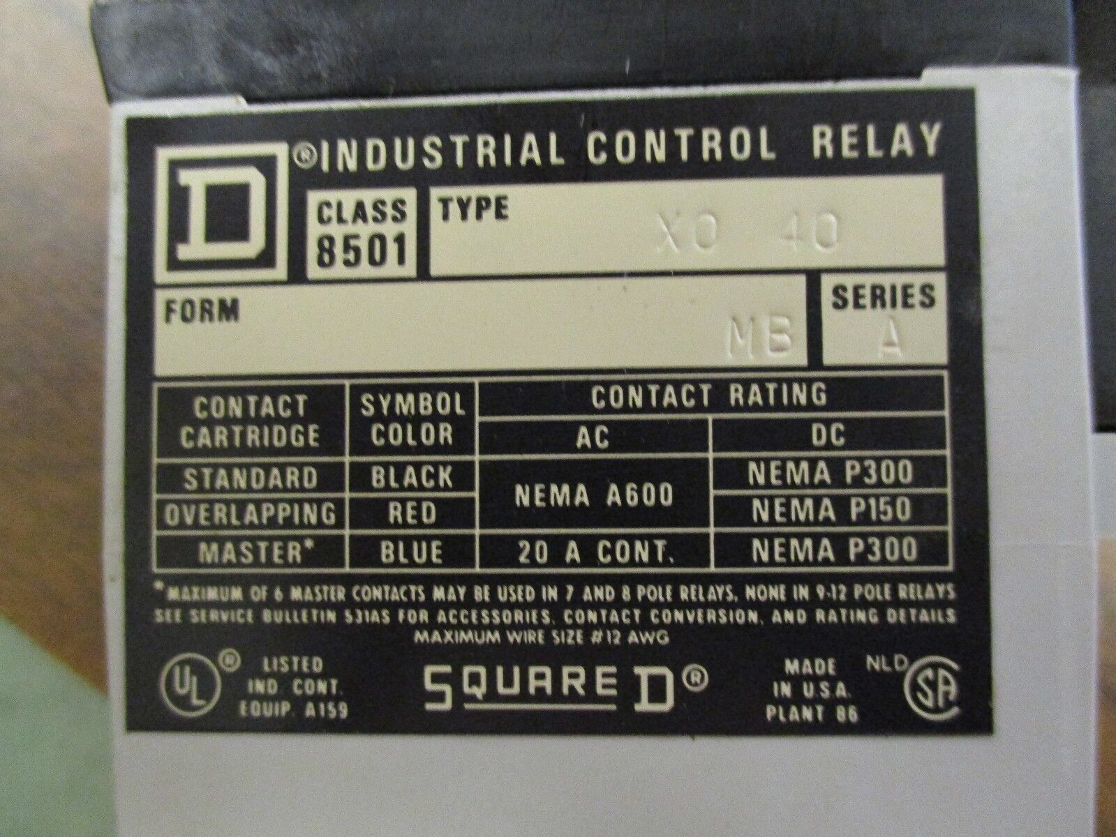 Square D Control Relay w/ Timing Relay XO 40 MB 20A Range: 0.2-60sec Used