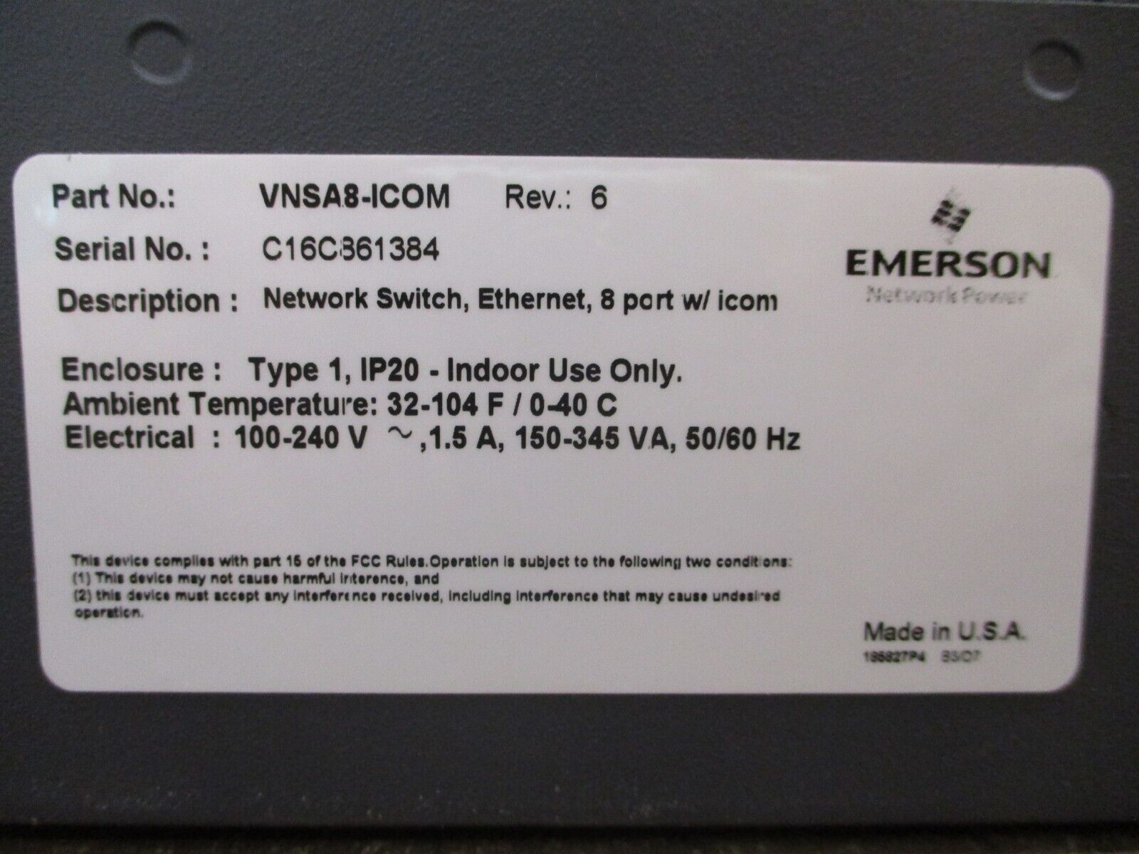 Emerson Liebert Network Switch VNSA8-ICOM Rev. 6 8-Port w/ icom *Locked* Used