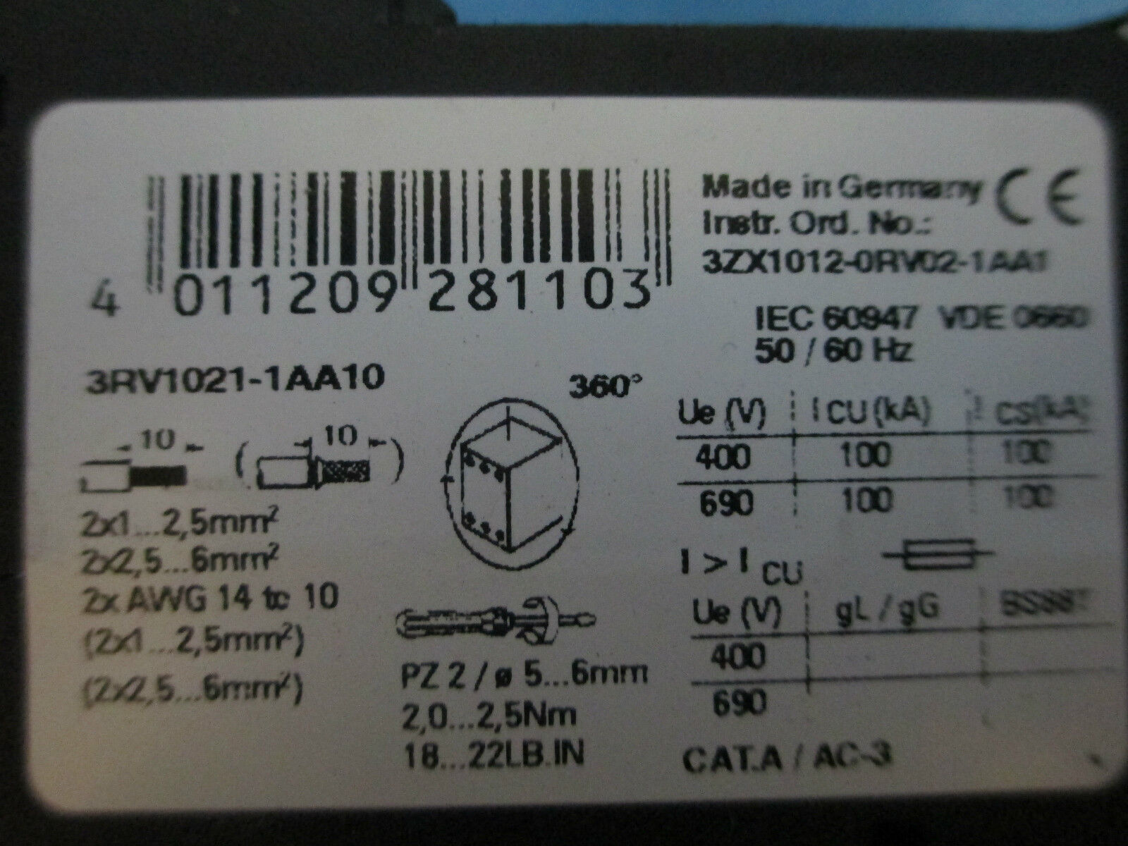 Siemens Sirius 3R Overlod 3RV1021-1AA10, 1.1-1.6A