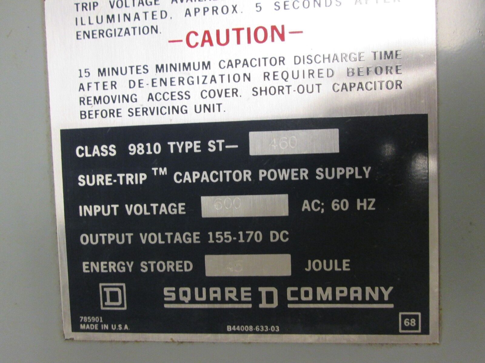 Square D Sure-Trip Power Supply 9810 ST-460 IN: 600VAC 60Hz OUT: 155-170VDC Used