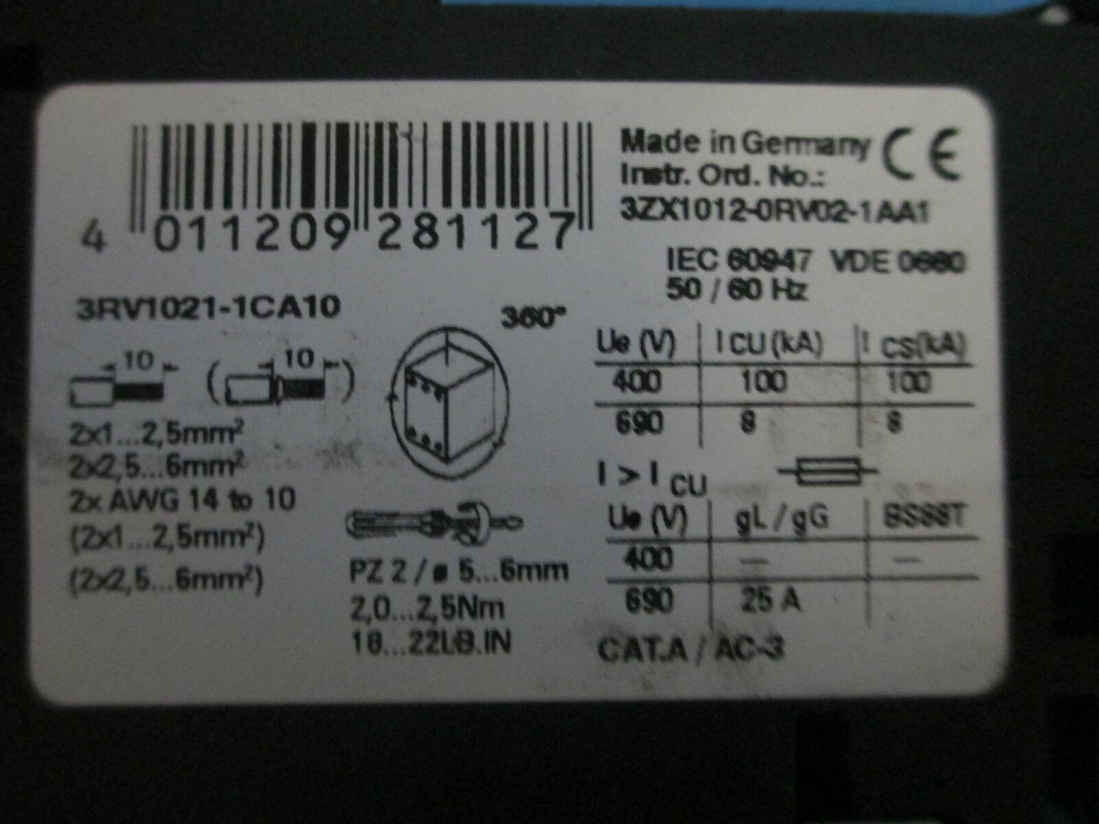 Siemens Sirius 3R Motor Protector 3RV1021-1CA10 1.8-2.5A Trip Used