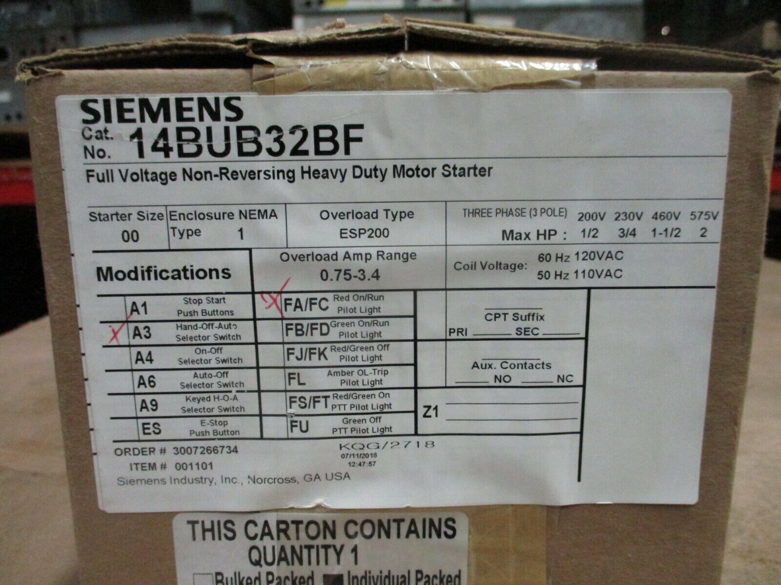 Siemens Enclosed Size 00 Starter 14BUB32BF 120V Coil Trip: 0.75-3.4A New Surplus