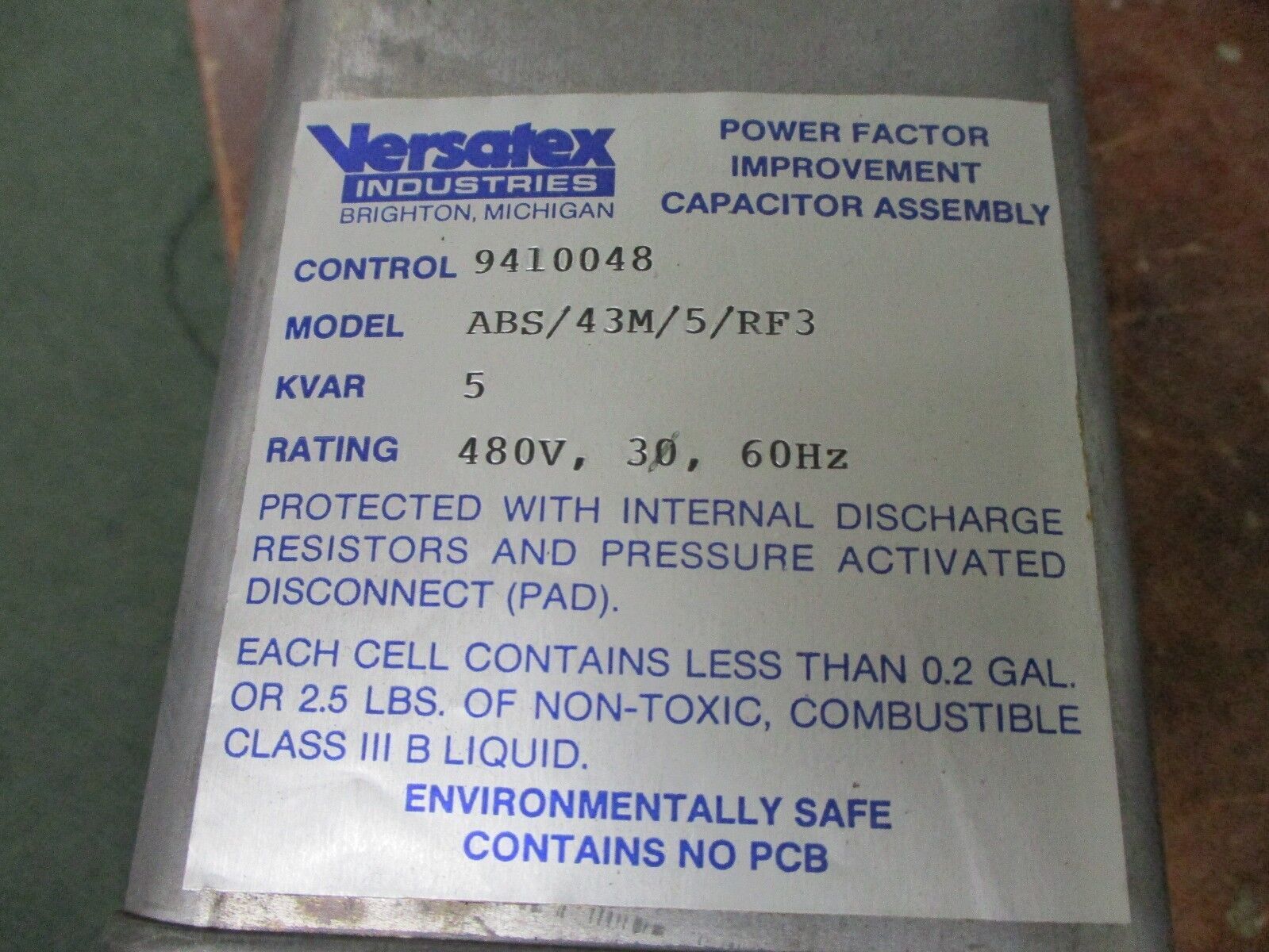 Versatex Power Factor Improvement Capacitor Assembly ABS/43M/5/RF3 5 KVAR Used