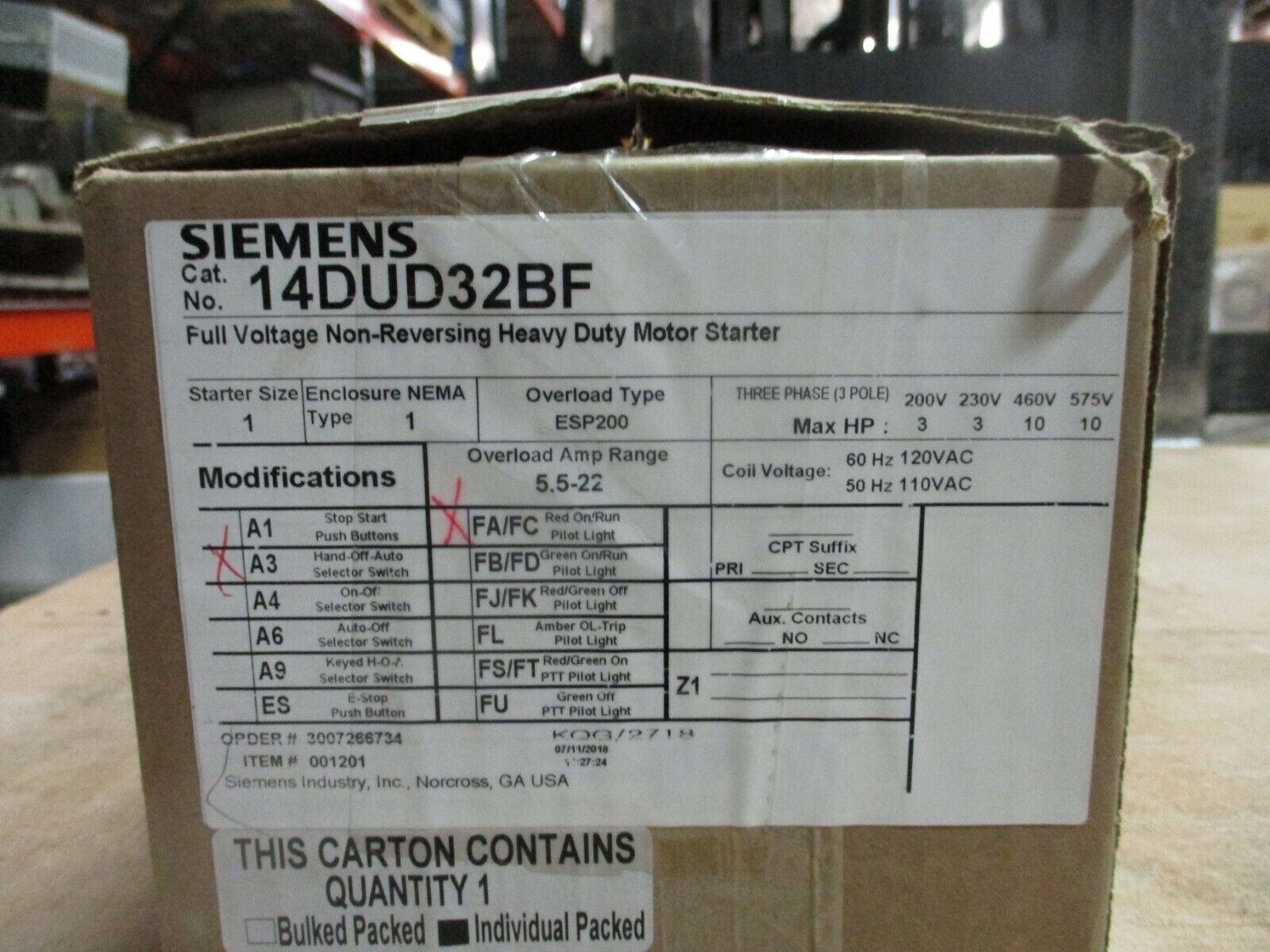 Siemens Enclosed Size 1 Starter 14DUD32BF 120V Coil Trip: 5.5-22A New Surplus
