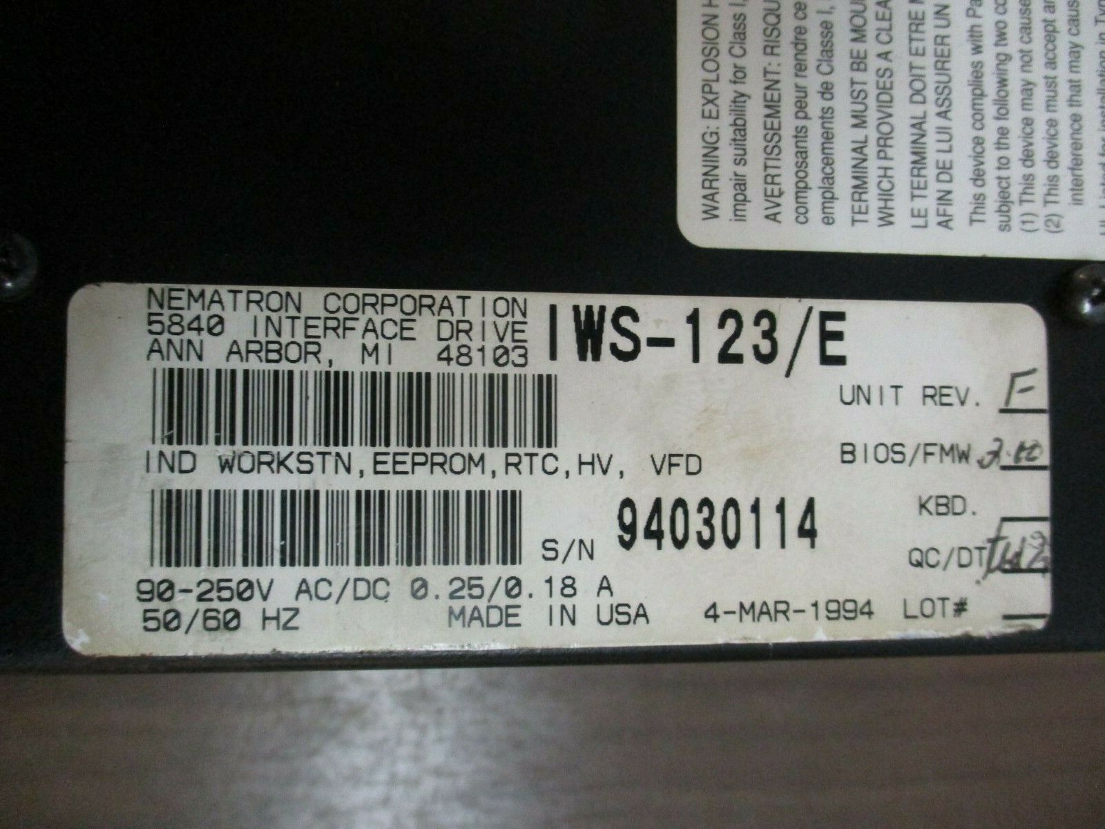 Nematron Industrial Workstation IWS-123/E Rev. F BIOS/FMW: 2.00, 90-250VAC/DC