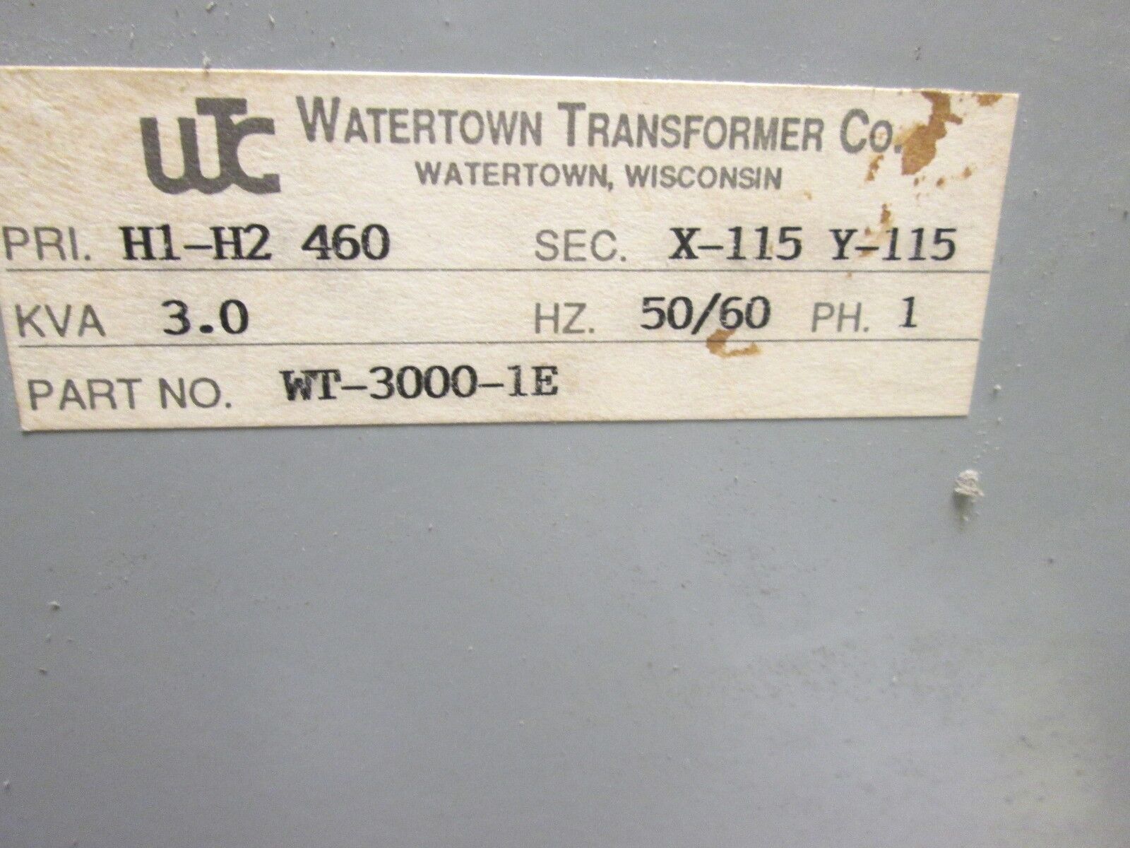 Watertown Transformer Single Phase Dry Type WT-3000-1E 3 KVA Pri 460V