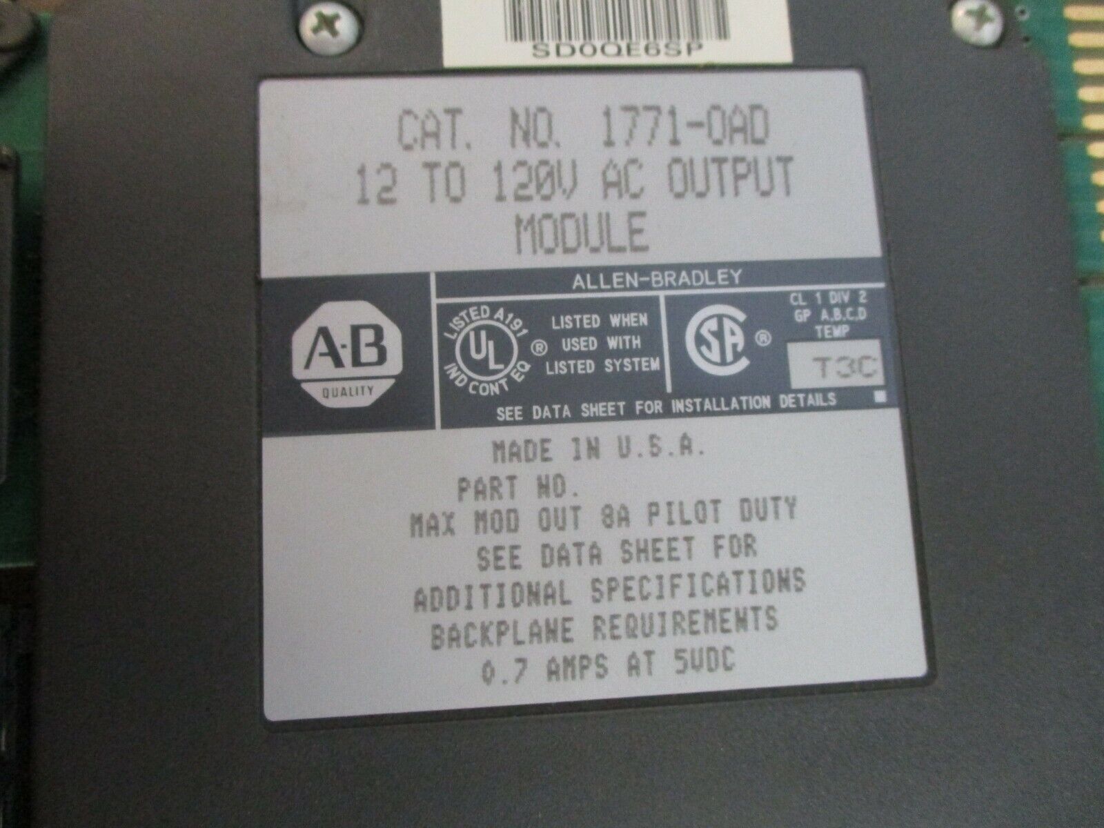 Allen-Bradley AC Output Module 1771-OAD 12-120V Output *No Terminal Cover* Used