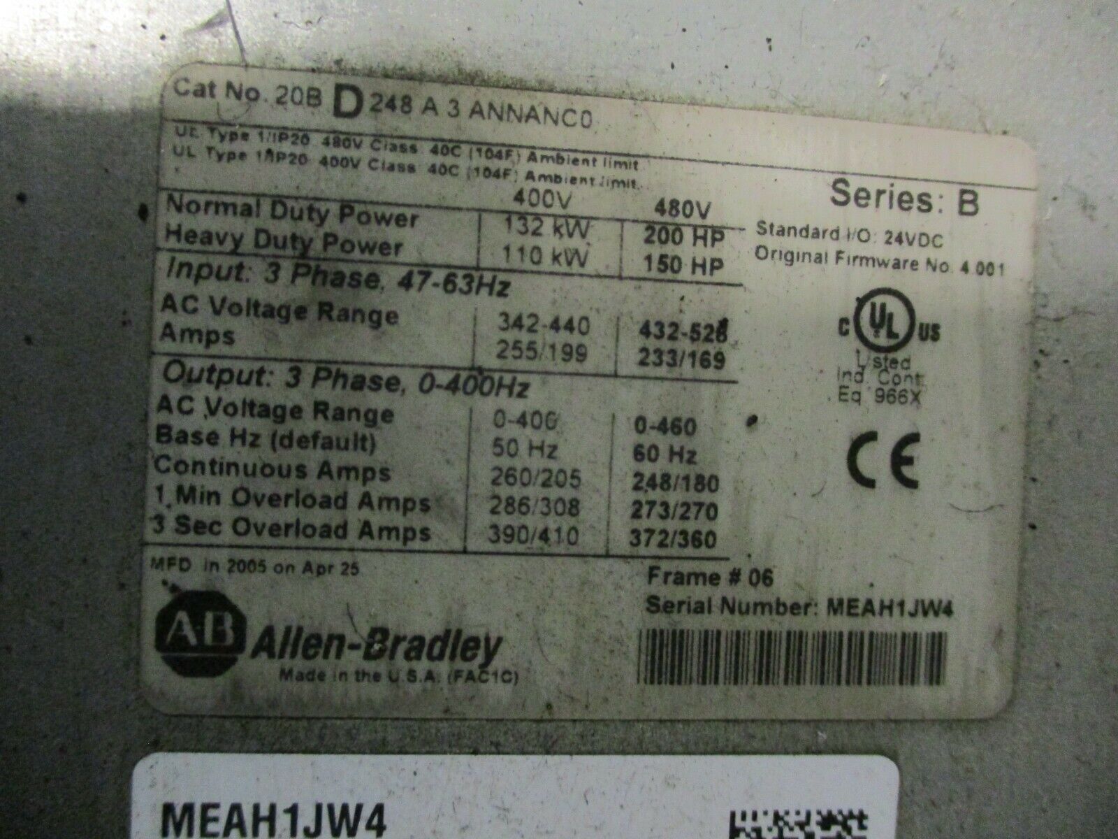 Allen-Bradley PowerFlex 700 AC Drive 20BD248A3ANNANC0 Ser. B 200HP 480V w/Keypad