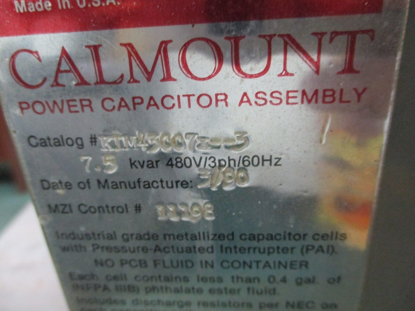Myron Zucker Calmount Capacitor KIM43007x-3 7.5KVAR 480V 3Ph 60Hz Used