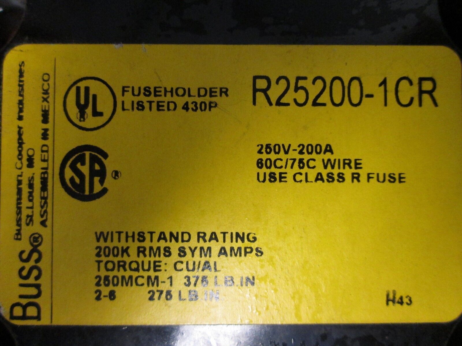 Bussmann Fuse Holder R25200-1CR 200A 250V 1P Used