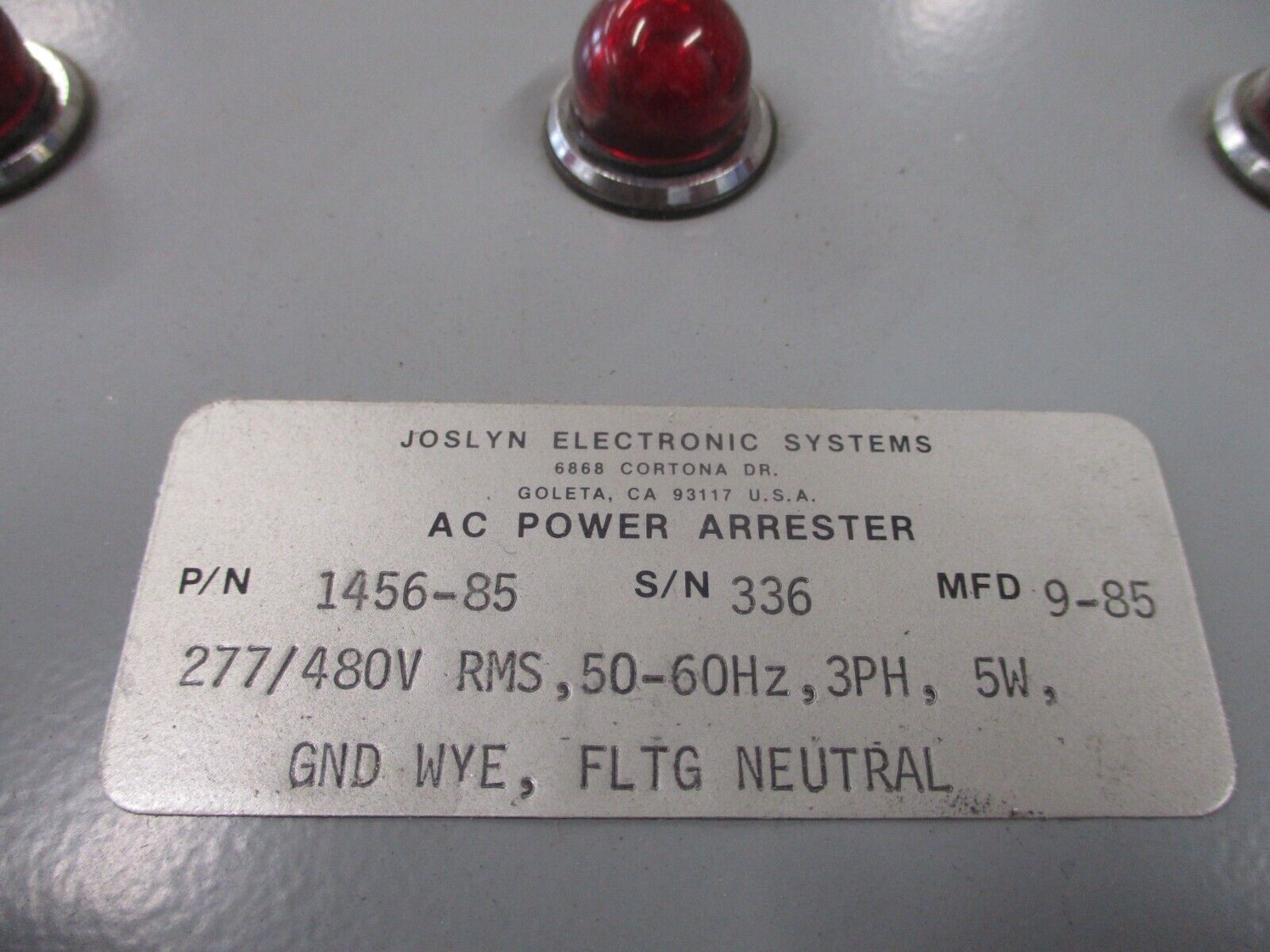 Joslyn Surgitron Surge Arrester 1456-85 277/480V 50-60HZ 3Ph 5W Used