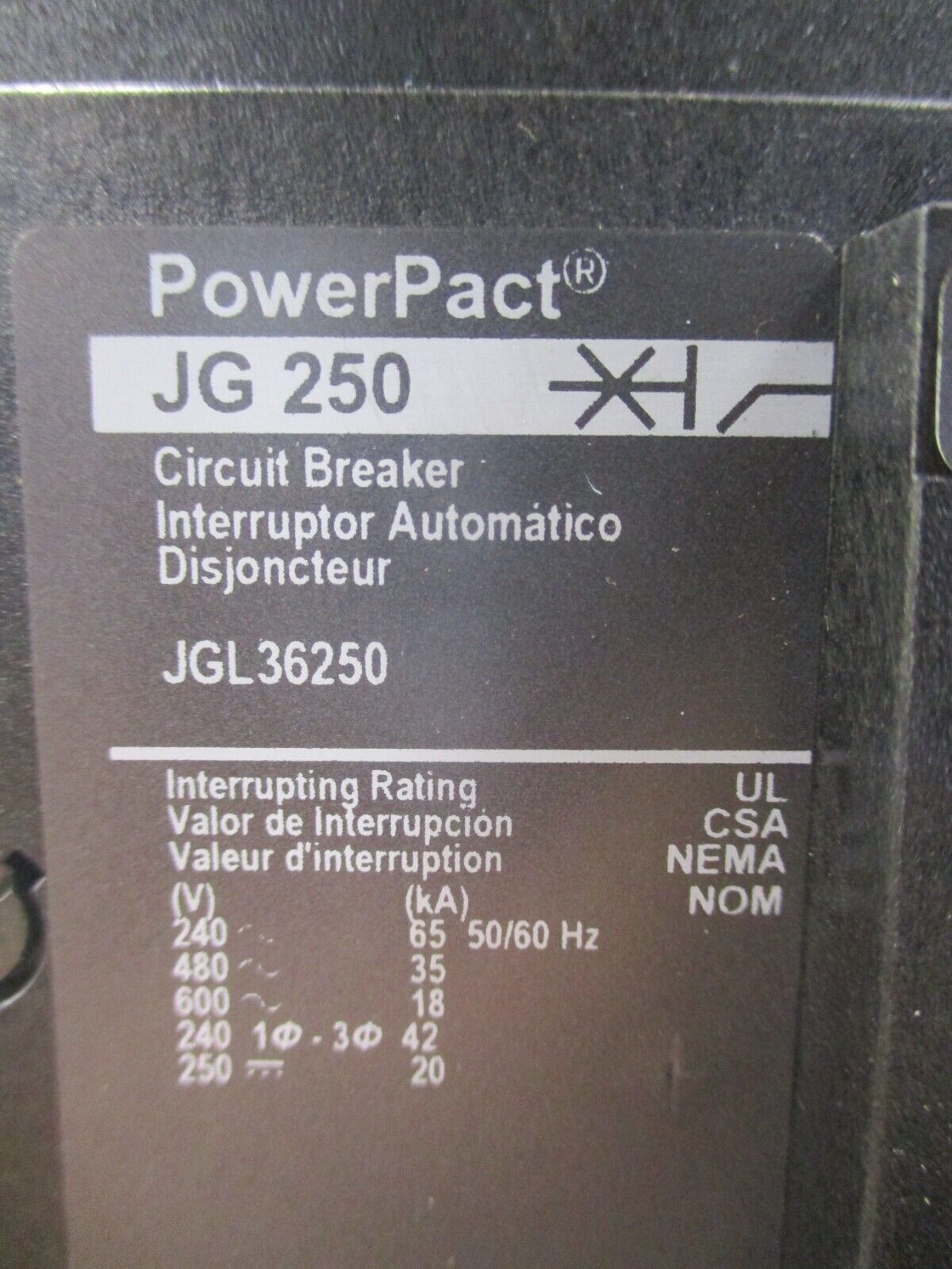 Square D PowerPact JG250 Circuit Breaker JGL36250 250A 600V 3P Used