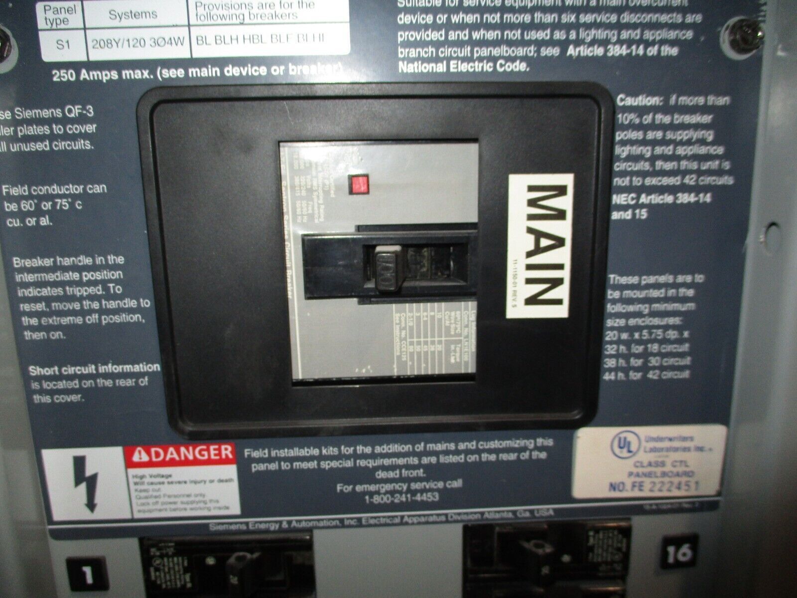 Siemens Main Breaker Circuit Breaker Panel S1C30E4100CTS 250A Max, 100A Main 3Ph