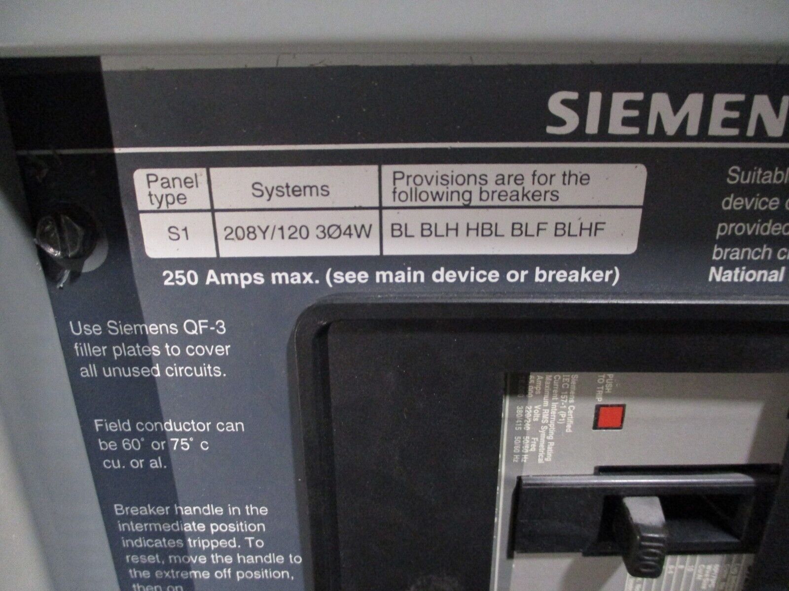 Siemens Main Breaker Circuit Breaker Panel S1C30E4100CTS 250A Max, 100A Main 3Ph