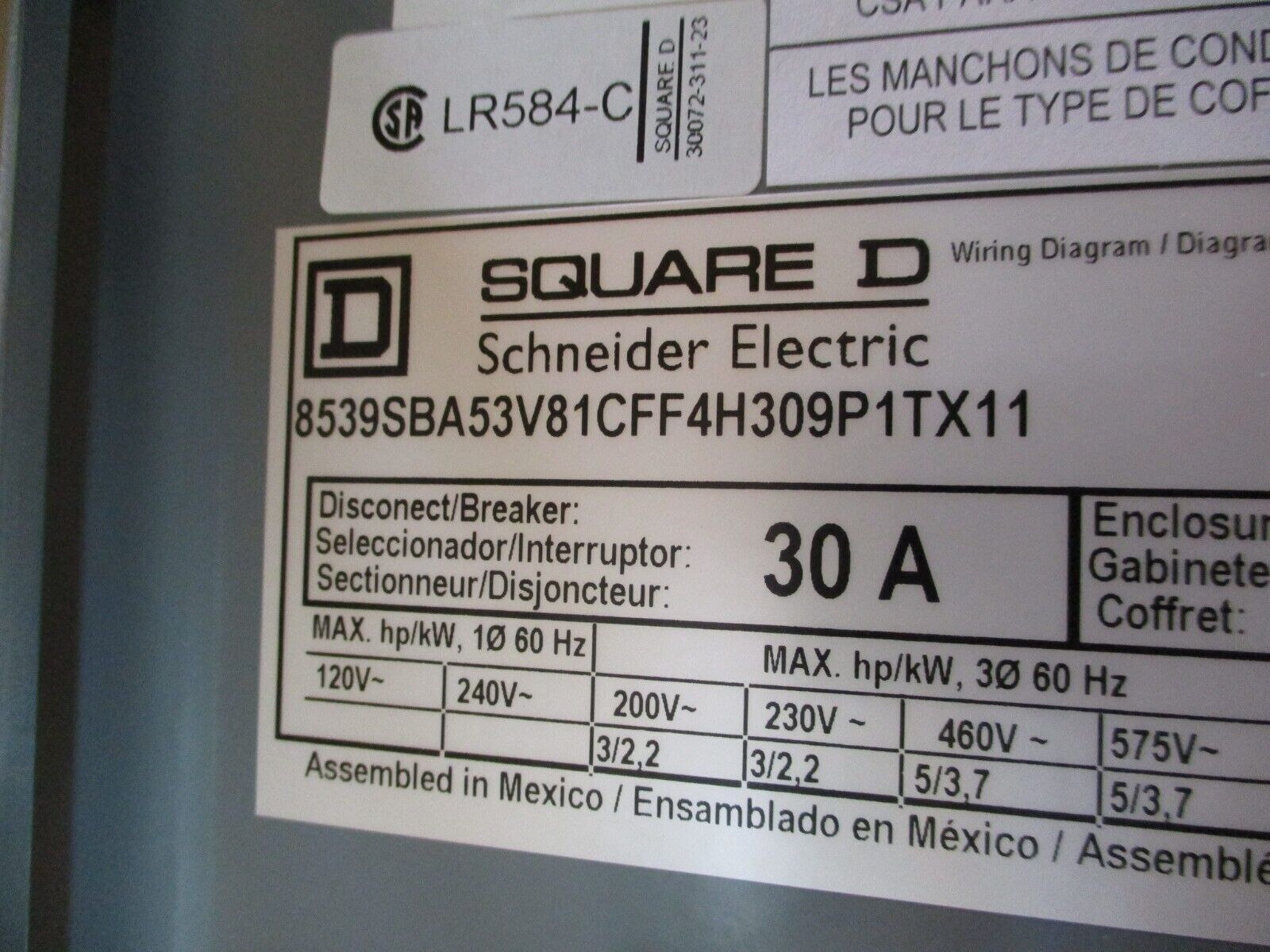 Square D Nema 12/3R Size 0 Breaker Combination 8539SBA53V81CFF4H309P1TX11 Ser. K