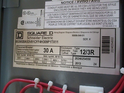 Square D Nema 12/3R Size 0 Breaker Combination 8539SBA53V81CFF4H309P1TX11 Ser. K