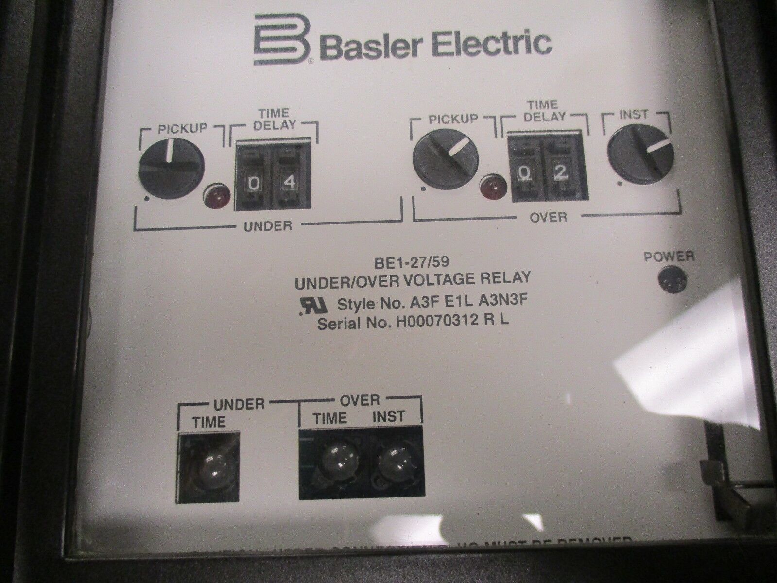 Basler Electric Under/Over Voltage Relay BE1-27/59 Style #: A3F E1L A3N3F Used