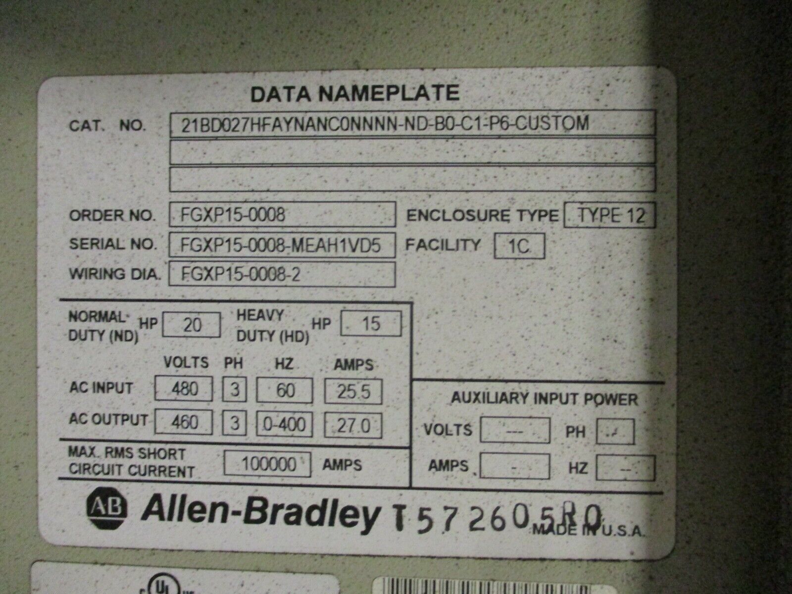 Allen-Bradley PowerFlex 700 AC Drive w/ Nema 12 Enclosure 20HP 3Ph Used