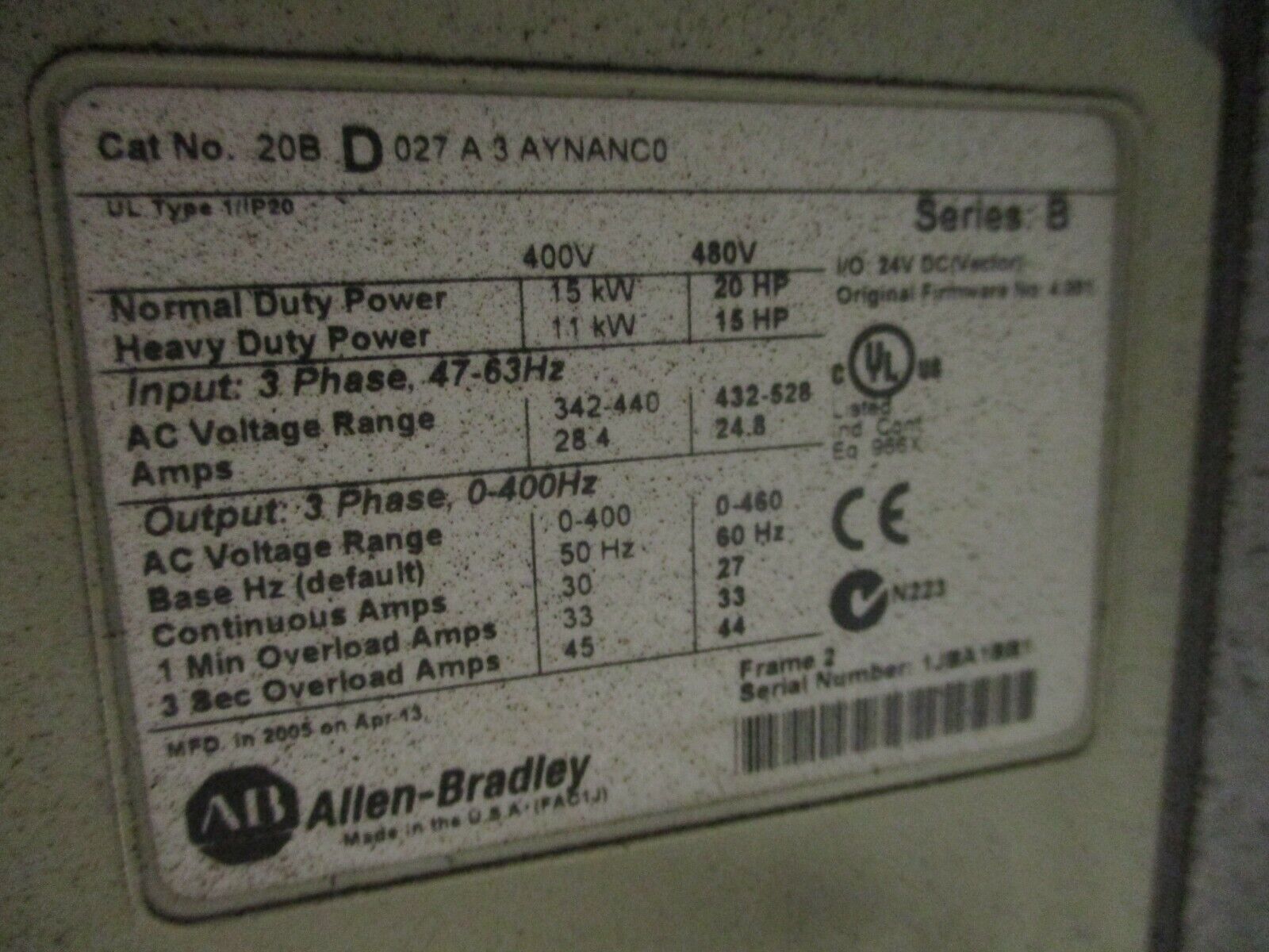 Allen-Bradley PowerFlex 700 AC Drive w/ Nema 12 Enclosure 20HP 3Ph Used