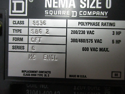 Square D Enclosed Size 0 Starter 8536 SBG 2 120V Coil 600V Used