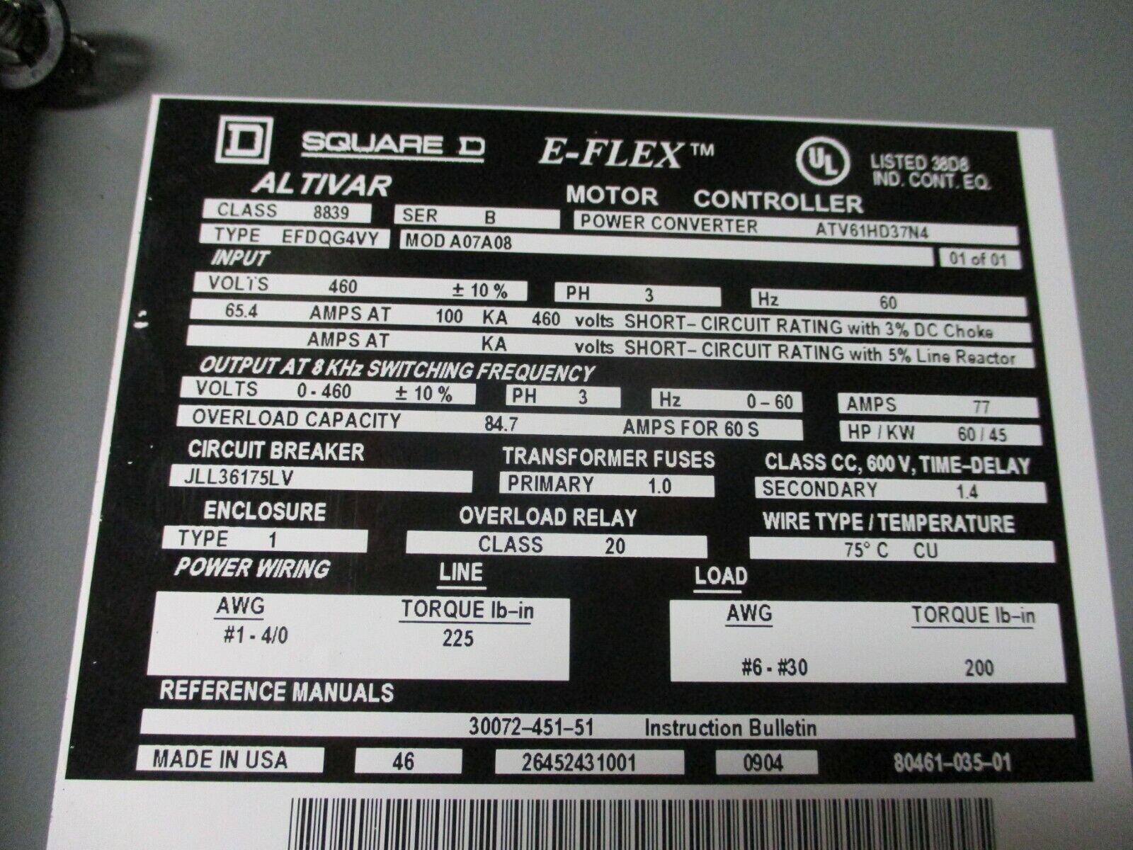 Square D E-Flex Altivar AC Drive 8839 EFDQG4VY ATV61HD37N4 60HP 3Ph 460V Used