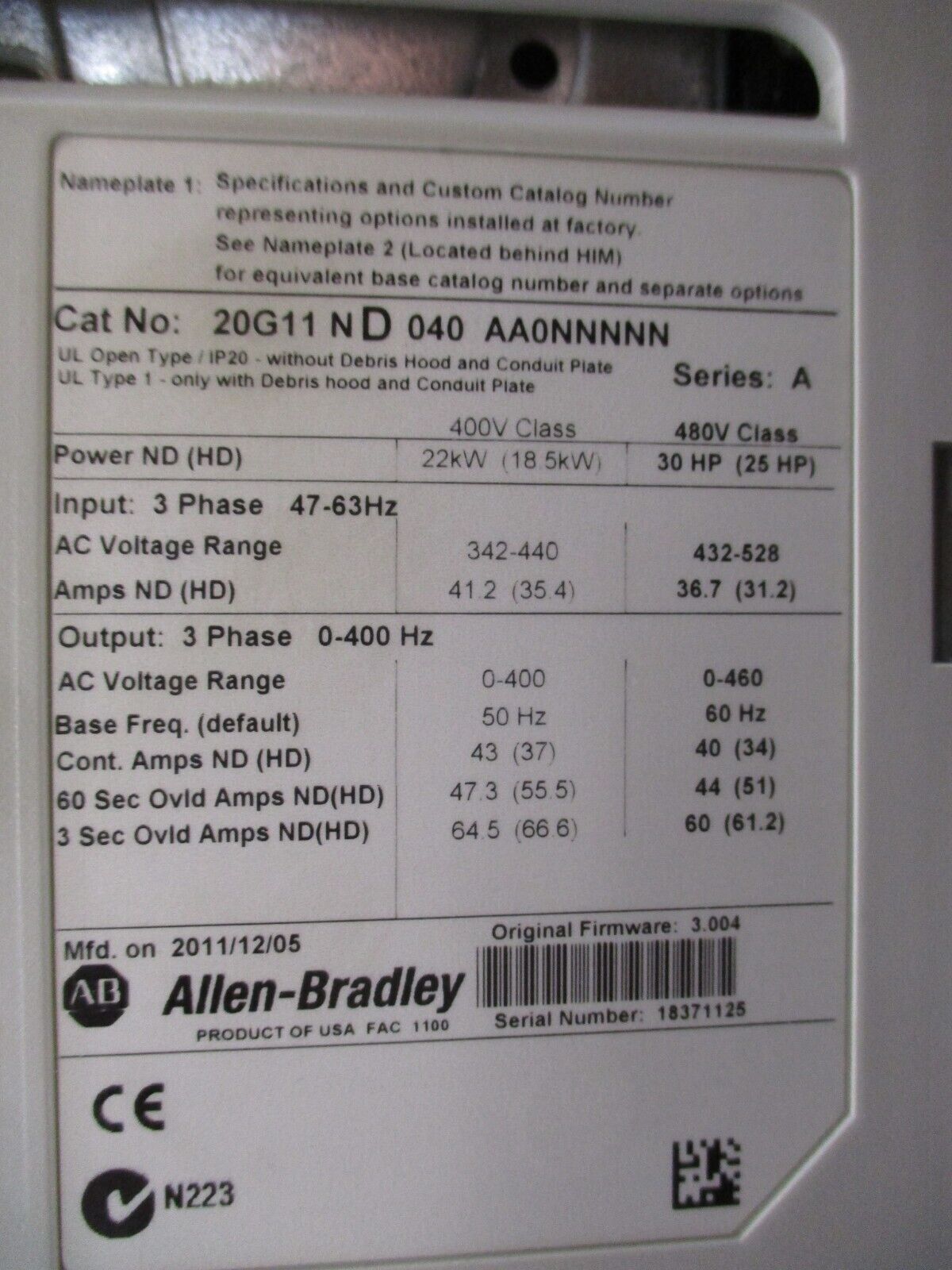Allen-Bradley PowerFlex 755 AC Drive 20G11ND040AA0NNNNN 30HP 3Ph w/ Keypad Used