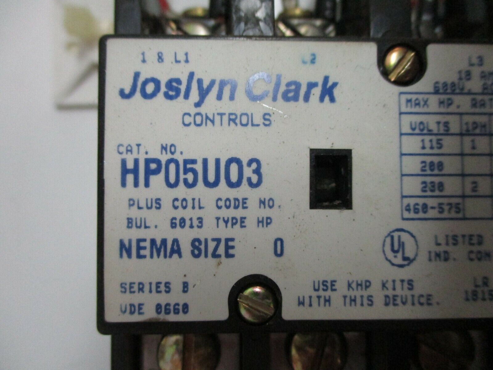 Joslyn Clark Fusible Size 0 Combination HP05U03 480V Coil 18A 600V Used