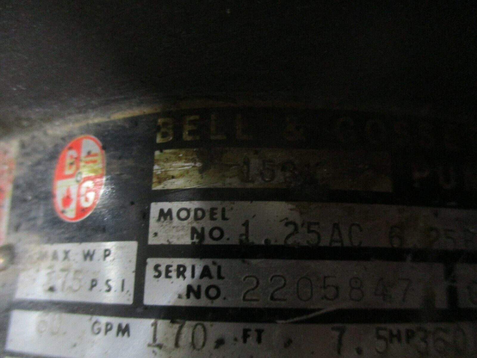 Bell & Gossett 1531 Pump 1.25AC 6.25 BF 7.5HP 60GPM 170FT Head 3600RPM Used