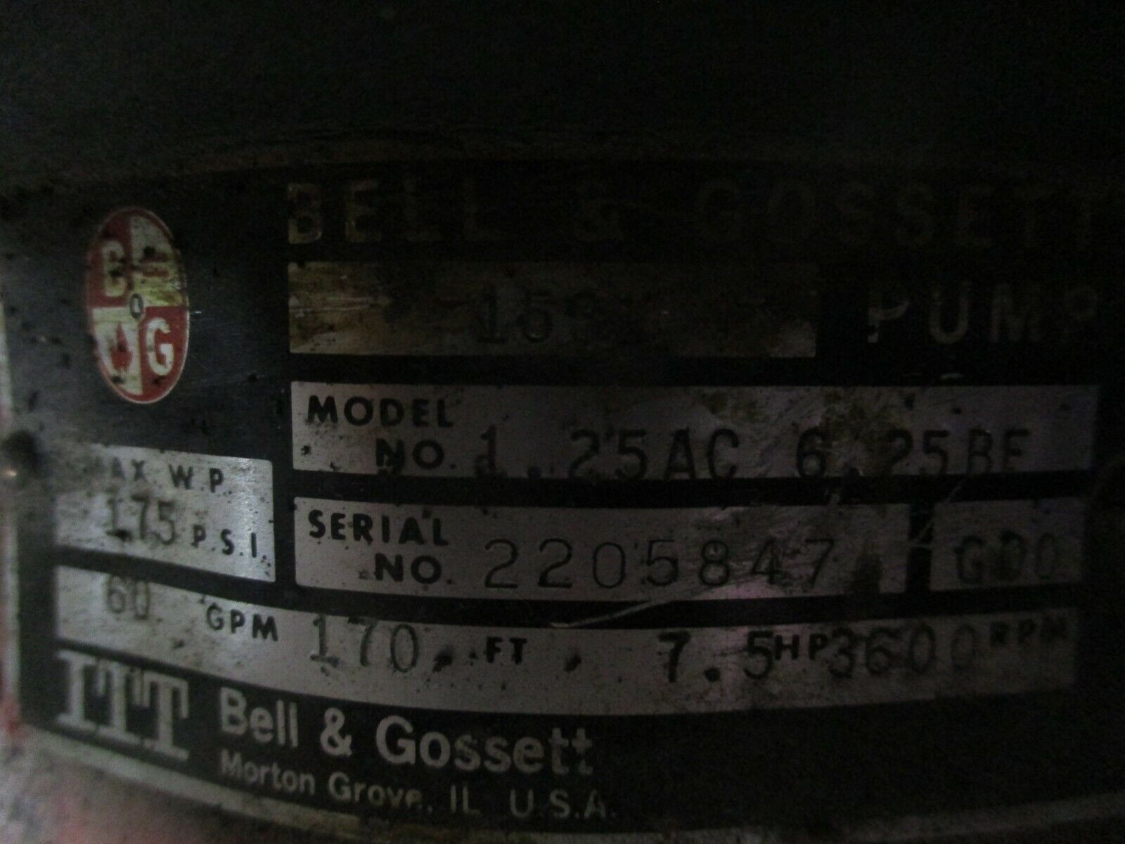 Bell & Gossett 1531 Pump 1.25AC 6.25 BF 7.5HP 60GPM 170FT Head 3600RPM Used