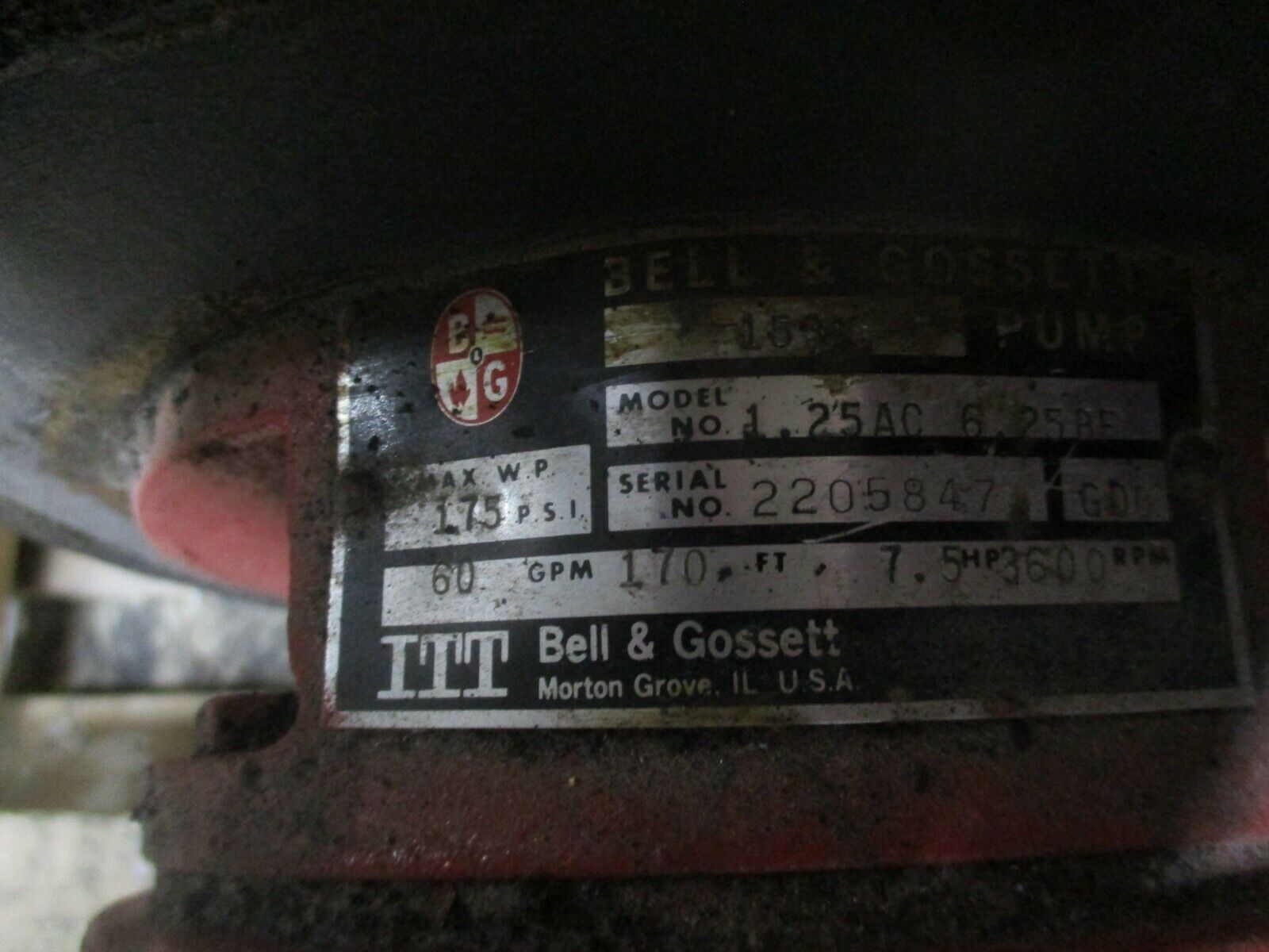 Bell & Gossett 1531 Pump 1.25AC 6.25 BF 7.5HP 60GPM 170FT Head 3600RPM Used