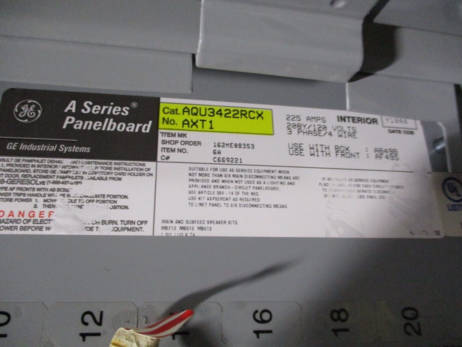 GE Main Lug Breaker Panel AQU3422RCX 225A Max 208/120V 3Ph 4W 42-Slot Used
