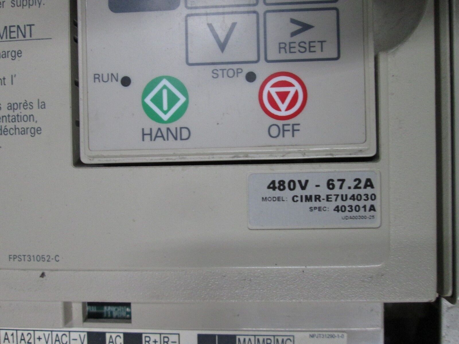 Yaskawa E7 AC Drive CIMR-E7U4030 50HP 3Ph In: 380-480V Out: 0-480V 67.2A Used