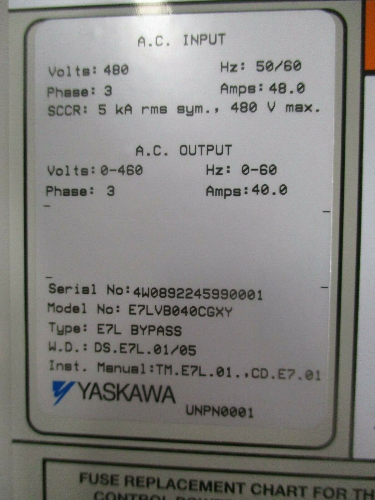 Yaskawa E7 AC Drive w/ Bypass E7LVB040CGXY 30HP 3Ph Used