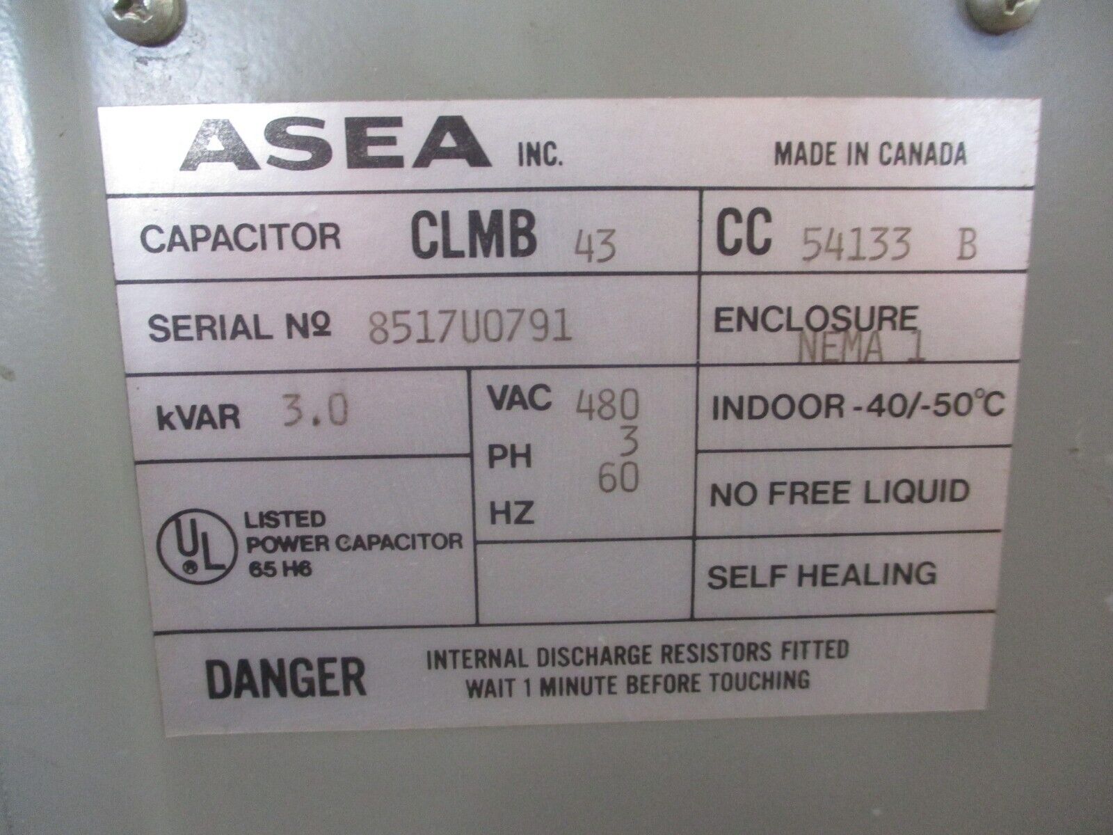 Asea Capacitor CLMB 43 CC 54133 B 3KVAR 480V 3Ph 60Hz Used