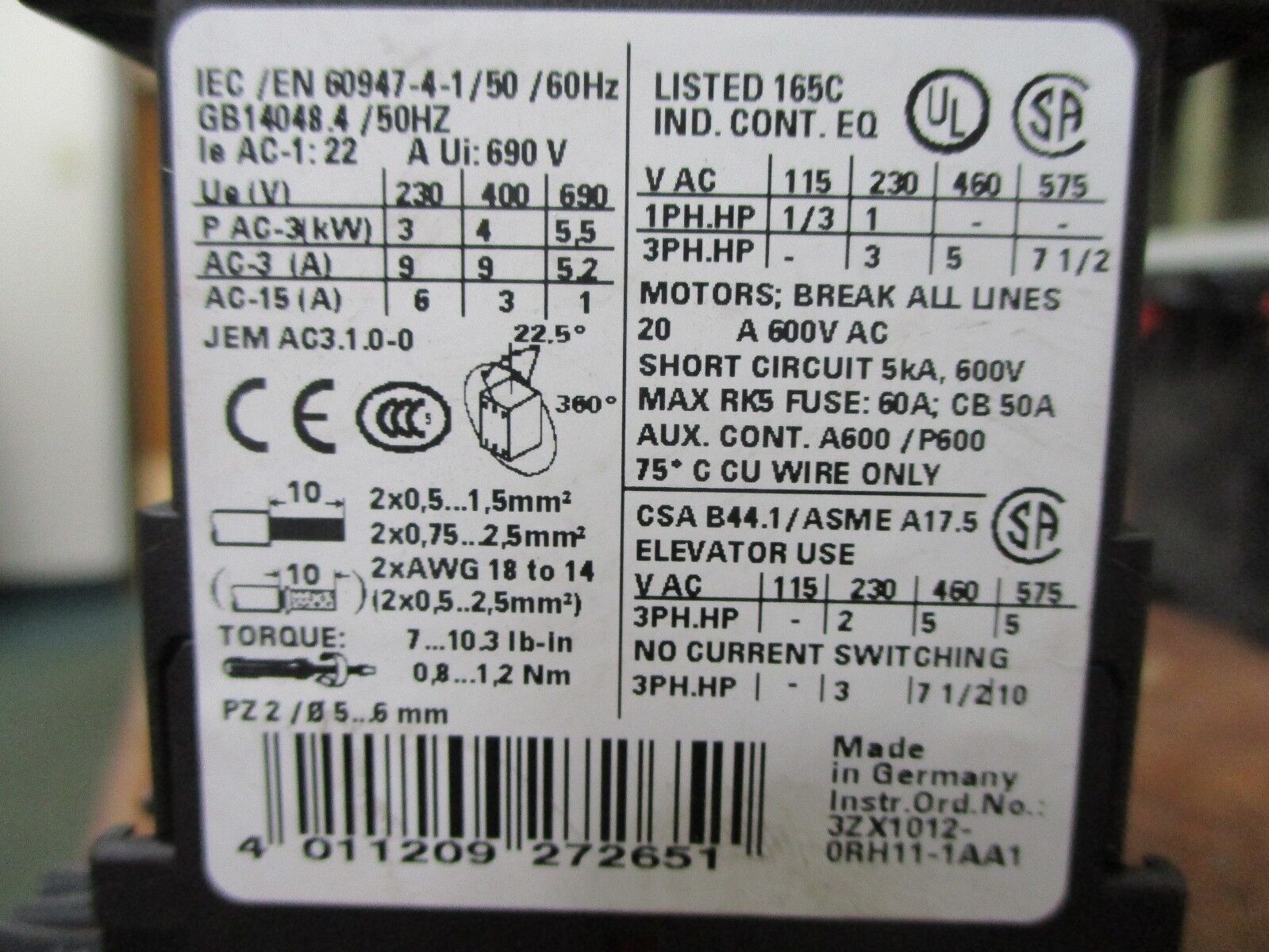 Siemens Sirius Contactor 3RT1016-1AB02 24V Coil 20A 600V Used