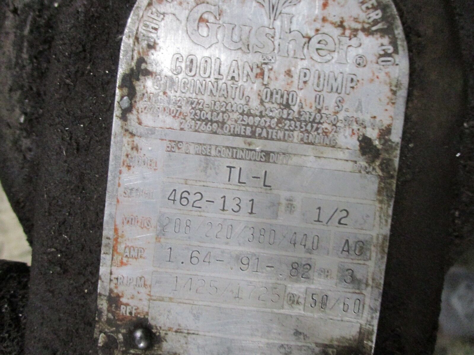 Gusher Coolant Pump TL-L 1/2HP 208-440VAC 1.64-0.82A 3Ph 1425/1725RPM Used